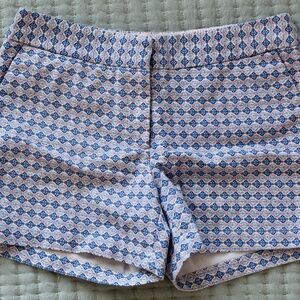 Blue & White Geometric Tile Print Flat Front Shorts